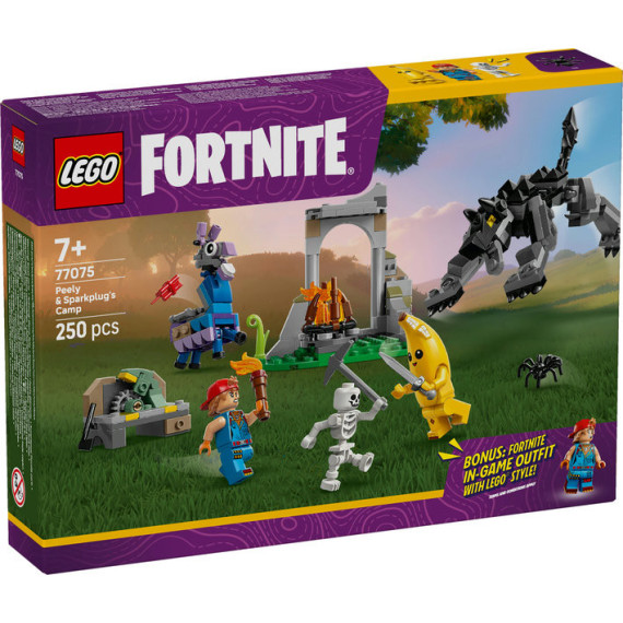 LEGO® Fortnite® Peely og Sparkplug slår leir på sletten. Byggesett med dataspillfigurer 77075